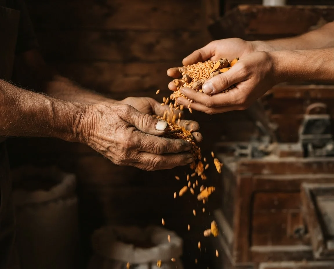 Two pairs of weathered hands working with grain, representing generations of milling